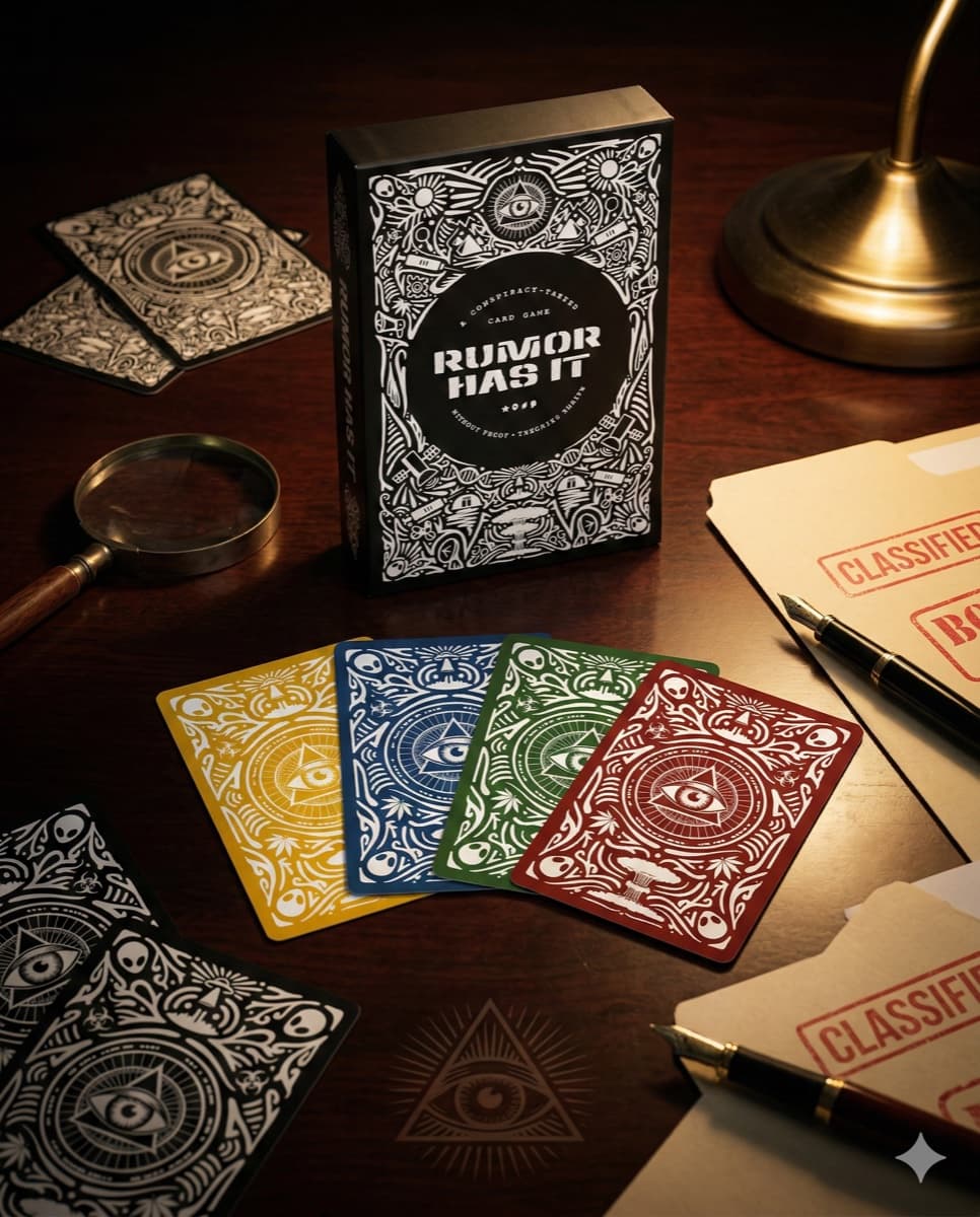 Rumor Has It card game — box with cards fanned out on a dark surface, magnifying glass and classified folder