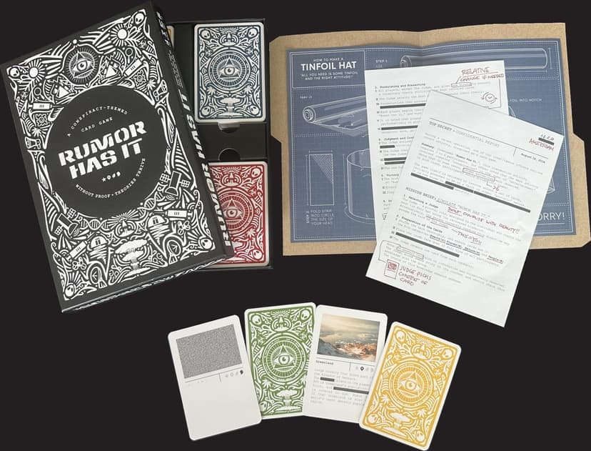 Rumor Has It game box with cards fanned out, tinfoil hat instructions, and top secret documents